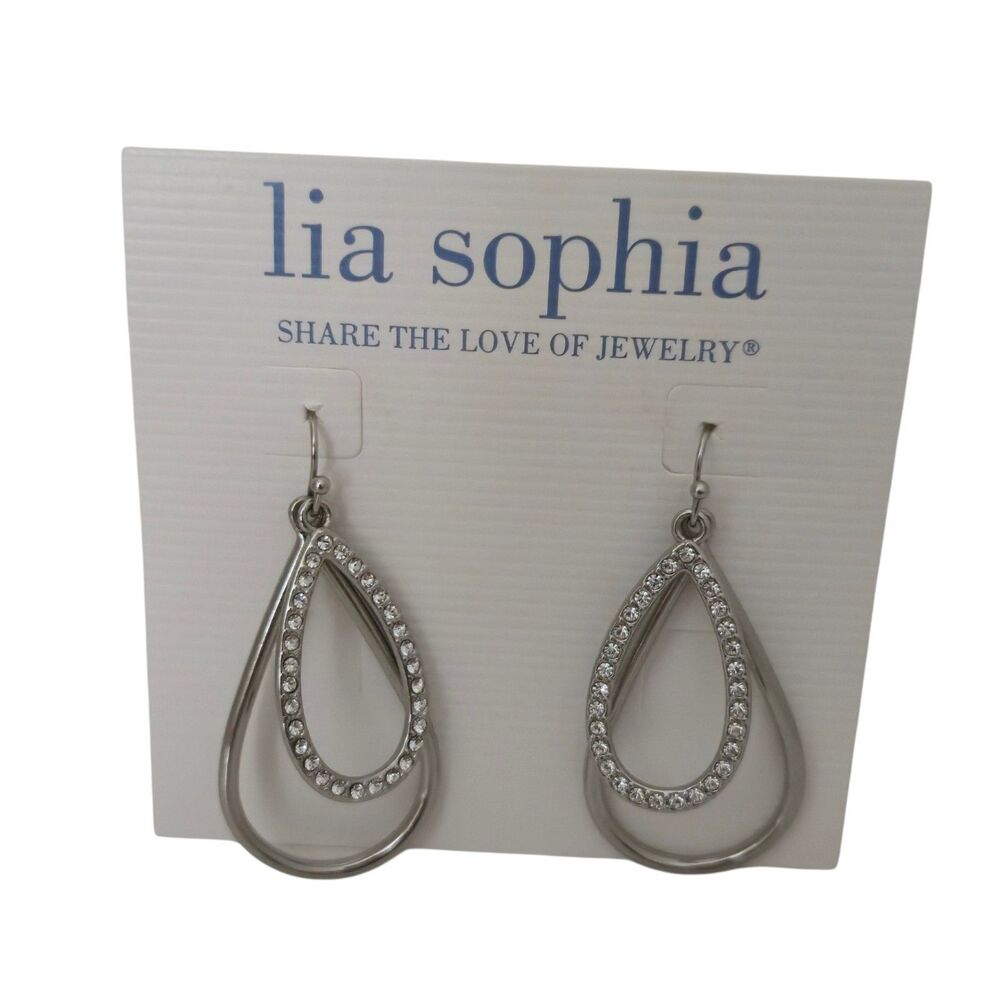 Lia Sophia Earrings Rendezvous Silver Tone Cut Crystals Double Teardrop in box